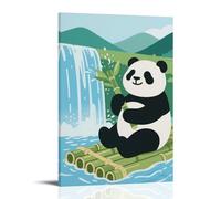 XMHMYHZJ Poster con animale, panda seduto su una zattera di bambù alla deriva verso una cascata, con bambù e spruzzi d'acqua, decorazione artistica da parete moderna da appendere, 20 x 30 cm