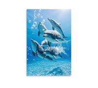 XMHMYHZJ Poster con animali con quattro delfini e bolle su un oceano blu, decorazione artistica da parete, decorazione moderna da appendere, 20 x 30 cm