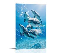 XMHMYHZJ Poster con animali con quattro delfini e bolle su un oceano blu, decorazione artistica da parete, decorazione moderna da appendere, 50 x 75 cm