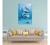 XMHMYHZJ Poster con animali con quattro delfini e bolle su un oceano blu, decorazione artistica da parete, decorazione moderna da appendere, 60 x 90 cm