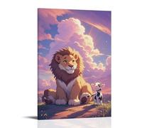 XMHMYHZJ Poster con animali di coppia di leoni con erba e fiori dal cielo, decorazione artistica da parete, decorazione moderna da appendere, 50 x 75 cm