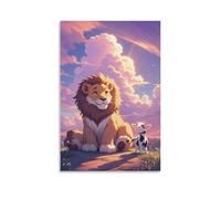 XMHMYHZJ Poster con animali di coppia di leoni con erba e fiori dal cielo, decorazione artistica da parete, decorazione moderna da appendere, 50 x 75 cm