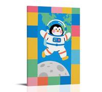 XMHMYHZJ Poster con animali, un pinguino paffuto in tuta spaziale che salta sulla luna, con la terra blu dietro di essa, decorazione artistica da parete moderna da appendere, poster artistico da