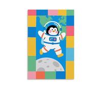 XMHMYHZJ Poster con animali, un pinguino paffuto in una tuta spaziale che salta sulla luna, con la terra blu dietro di essa, decorazione artistica da parete moderna da appendere, poster artistico da