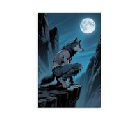 XMHMYHZJ Poster con animali, un ragazzo lupo che si accovaccia su una scogliera, guarda indietro sotto la luna, occhi selvaggi, decorazione artistica da parete moderna poster da appendere 20 x 30 cm