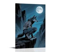 XMHMYHZJ Poster con animali, un ragazzo lupo che si accovaccia su una scogliera, guarda indietro sotto la luna, occhi selvaggi, decorazione artistica da parete moderna poster da appendere 30 x 45 cm