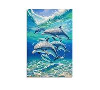XMHMYHZJ Poster con delfini in un'acqua blu, oceano, tramonto, decorazione artistica da parete, decorazione moderna da appendere, 50 x 75 cm