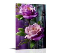 XMHMYHZJ Poster con fiori con rose viola dietro una recinzione di steli di bambù verdi e neri, decorazione artistica da parete, decorazione moderna, poster artistico da appendere, 40 x 60 cm
