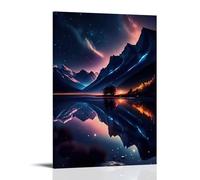 XMHMYHZJ Poster con paesaggio con una bella montagna e stelle che si riflettono nell'acqua, decorazione artistica da parete, poster artistico da appendere, 60 x 90 cm