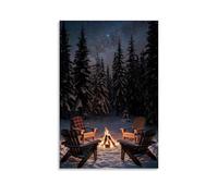 XMHMYHZJ Poster con paesaggio di sedie a dondolo in legno nella notte d'inverno con camino, decorazione artistica da parete moderna da appendere, 20 x 30 cm