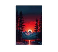 XMHMYHZJ Poster con paesaggio, opera d'arte minimalista con lago di montagna sotto il cielo rosso, decorazione artistica da parete, decorazione moderna da appendere, 50 x 75 cm