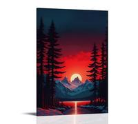 XMHMYHZJ Poster con paesaggio, opera d'arte minimalista con lago di montagna sotto il cielo rosso, decorazione artistica da parete, decorazione moderna da appendere, 50 x 75 cm