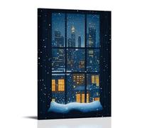 XMHMYHZJ Poster con stampa artistica da parete con scena invernale di una città innevata vista attraverso la finestra, decorazione moderna da appendere, 40 x 60 cm