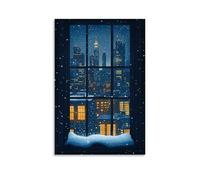 XMHMYHZJ Poster con stampa artistica da parete con scena invernale di una città innevata vista attraverso la finestra, decorazione moderna da appendere, poster artistico da appendere, 60 x 90 cm