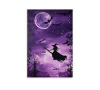 XMHMYHZJ Poster con stampa di Halloween con una ragazza che vola sulla scopa alla luna piena, decorazione artistica da parete, decorazione moderna da appendere, 20 x 30 cm