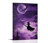 XMHMYHZJ Poster con stampa di Halloween con una ragazza che vola sulla scopa alla luna piena, decorazione artistica da parete, decorazione moderna da appendere, 30 x 45 cm