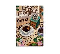 XMHMYHZJ Poster con tazza di caffè e fagioli su un tavolo in legno con coperchio verde, decorazione artistica da parete, decorazione moderna da appendere, 40 x 60 cm