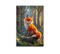 XMHMYHZJ Poster con una volpe realistica seduta sulla cima delle rocce nella foresta, decorazione artistica da parete, decorazione moderna da appendere, 20 x 30 cm