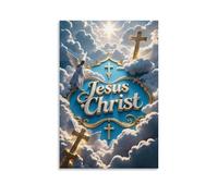 XMHMYHZJ Poster cristiano con chiave tra le nuvole che circonda su cornice blu con croce e angelo, decorazione artistica da parete, decorazione moderna da appendere, 40 x 60 cm