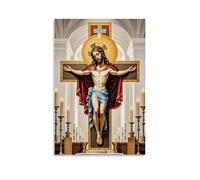 XMHMYHZJ Poster cristiano con Gesù e candele in una chiesa, altare con croce dipinta su parete, decorazione moderna da appendere, 50 x 75 cm