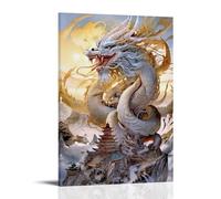 XMHMYHZJ Poster da appendere alla parete con animali sulla cima della montagna di un grande drago bianco che vola sopra di esso, decorazione moderna da appendere, 60 x 90 cm
