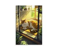 XMHMYHZJ Poster da appendere alla parete con un gatto bianco e zenzero sdraiato in una finestra aperta, decorazione artistica da parete, poster artistico da appendere, 60 x 90 cm