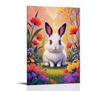 XMHMYHZJ Poster da appendere alla parete con un simpatico coniglietto nell'erba verde circondato da fiori, decorazione moderna da appendere, 60 x 90 cm