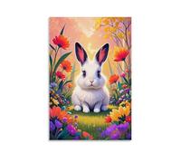 XMHMYHZJ Poster da appendere alla parete con un simpatico coniglietto sull'erba verde circondato da fiori, decorazione moderna da appendere, 50 x 75 cm