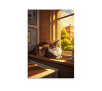 XMHMYHZJ Poster da parete con animali di un gatto vicino a una pianta in vaso accanto a una finestra aperta, decorazione artistica da appendere in stile moderno, 60 x 90 cm