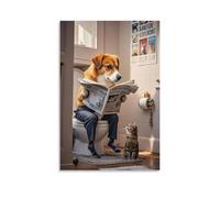 XMHMYHZJ Poster da parete con animali in bagno che legge giornale con un gatto sul vasino, decorazione artistica da parete, decorazione moderna da appendere, 40 x 60 cm