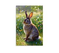 XMHMYHZJ Poster da parete con grande coniglietto seduto in un prato con fiori, decorazione moderna da appendere, 60 x 90 cm