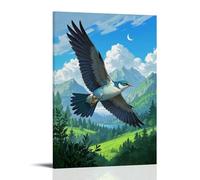 XMHMYHZJ Poster da parete con un grande uccello blu e bianco che vola sopra le colline verdi, decorazione artistica da parete, decorazione moderna, poster artistico da appendere, 50 x 75 cm