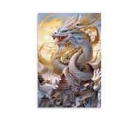 XMHMYHZJ Poster decorativo da parete, decorazione moderna da appendere con animali sulla cima della montagna di un grande drago bianco che vola sopra di essa, 50 x 75 cm