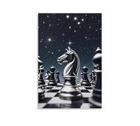 XMHMYHZJ Poster degli scacchi con testa di cavallo al centro che giace tra un gruppo di pezzi di scacchi bianchi e neri, decorazione artistica da parete, decorazione moderna, poster artistico da