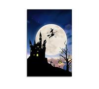 XMHMYHZJ Poster di Halloween con castello e strega sulla luna piena, decorazione artistica da parete, decorazione moderna da appendere, 50 x 75 cm