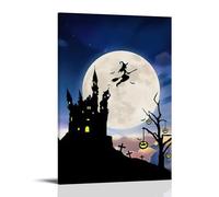 XMHMYHZJ Poster di Halloween con castello e strega sulla luna piena, decorazione artistica da parete, decorazione moderna, poster artistico da appendere, 60 x 90 cm
