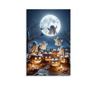 XMHMYHZJ Poster di Halloween con cimiteri infestati con zucca e fantasmi che galleggiano nel cielo, decorazione artistica da parete, decorazione moderna, poster artistico da appendere, 60 x 90 cm