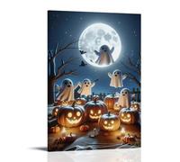 XMHMYHZJ Poster di Halloween con cimiteri infestati con zucca e fantasmi che galleggiano nel cielo, decorazione artistica da parete, decorazione moderna, poster artistico da appendere, 40 x 60 cm