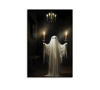 XMHMYHZJ Poster di Halloween con fantasma all'interno di una stanza buia sul tavolo da pranzo e quattro candele, decorazione artistica da parete moderna, poster artistico da appendere, 60 x 90 cm