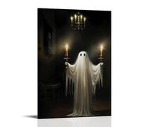XMHMYHZJ Poster di Halloween con fantasma all'interno di una stanza buia sul tavolo da pranzo e quattro candele, decorazione artistica da parete moderna, poster artistico da appendere, 40 x 60 cm