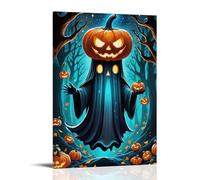 XMHMYHZJ Poster di Halloween con fantasma spaventoso nel cimitero nebbioso con zucche incandescenti sopra la parete, decorazione moderna da appendere, poster artistico da appendere, 40 x 60 cm