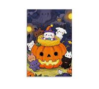 XMHMYHZJ Poster di Halloween con gatto, cane e conigli in un cesto di zucche con luna che splende sullo sfondo, decorazione artistica da parete, decorazione moderna da appendere, 50 x 75 cm