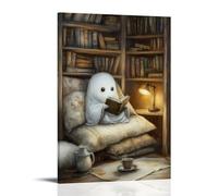 XMHMYHZJ Poster di Halloween con la lettura di fantasmi in una biblioteca piena di libri e tazze, decorazione artistica da parete, decorazione moderna da appendere, 60 x 90 cm