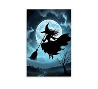 XMHMYHZJ Poster di Halloween con luna piena e sagoma nera di una strega sulla scopa, decorazione artistica da parete, decorazione moderna da appendere, 20 x 30 cm
