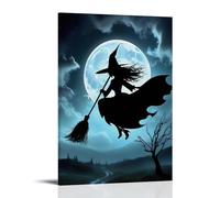 XMHMYHZJ Poster di Halloween con luna piena e sagoma nera di una strega sulla scopa, decorazione artistica da parete, decorazione moderna da appendere, 20 x 30 cm
