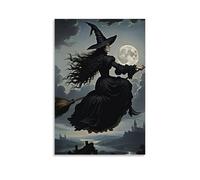 XMHMYHZJ Poster di Halloween con una giovane strega che vola sulla scopa della strega, decorazione artistica da parete, decorazione moderna da appendere, 50 x 75 cm