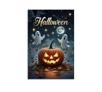 XMHMYHZJ Poster di Halloween creato con tre piccoli fantasmi seduti su una zucca, decorazione artistica da parete, decorazione moderna, poster artistico da appendere, 40 x 60 cm