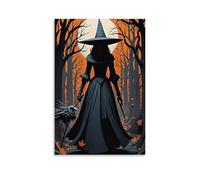 XMHMYHZJ Poster di Halloween della strega che cammina nella foresta con una scopa invertita, decorazione artistica da parete, decorazione moderna da appendere, 30 x 45 cm