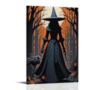 XMHMYHZJ Poster di Halloween della strega che cammina nella foresta con una scopa invertita, decorazione artistica da parete, decorazione moderna da appendere, 40 x 60 cm