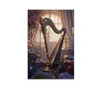 XMHMYHZJ Poster musicale con arpa e fiori davanti a una finestra, decorazione da parete, decorazione moderna da appendere, 30 x 45 cm